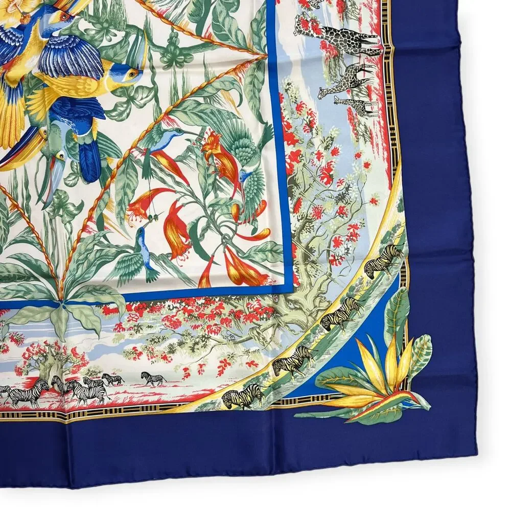 Hermes Paris Tropiques 90 Silk Carre Scarf Blue Tropical Bird 35 Square France - Picture 14 of 16